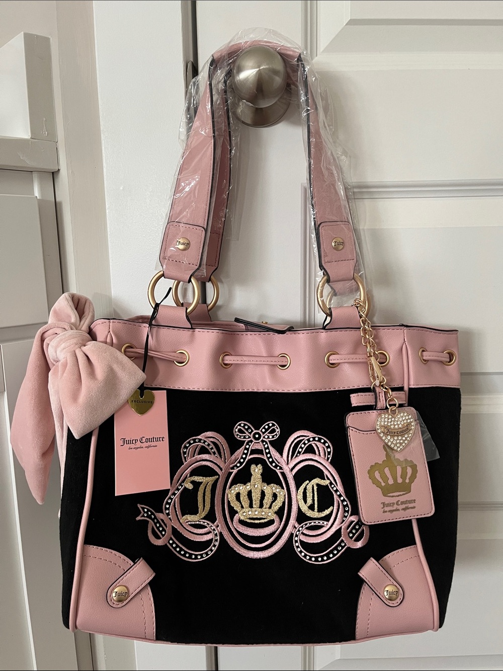 Juicy Couture Black and Pink Embroidered Crown Shoulder Bag